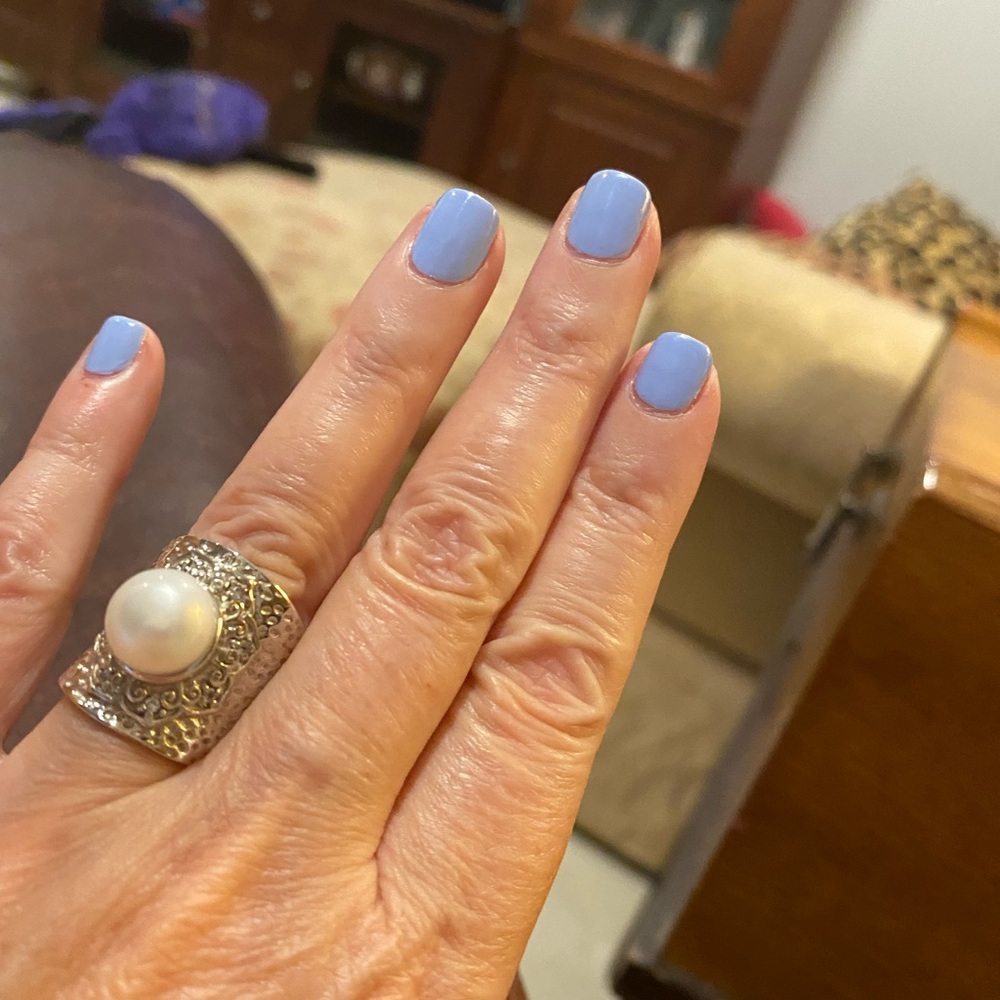 Statement Ring with Faux Pearl Centerpiece, Ornate Silver Tone Band
